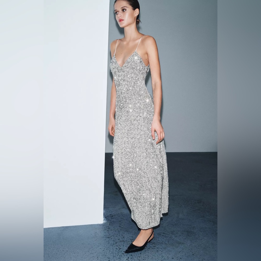 Zara long sequin silver v-neck midi dress sz.XS - Picture 6 of 13
